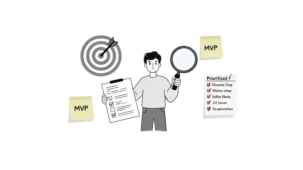 Cartoon illustration of a person analyzing a checklist and goals, surrounded by MVP notes and a prioritized list.