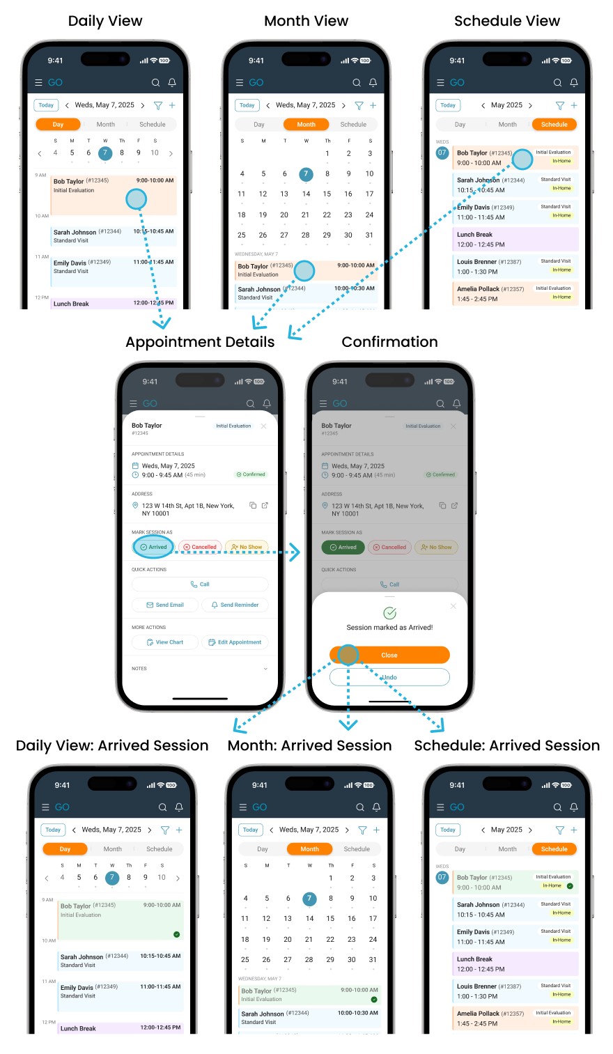 Hi-fidelity wireframes showing "mark appointment as arrived" flow