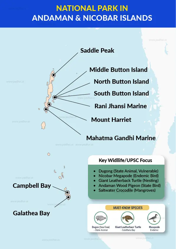 Map of Andaman & Nicobar Islands showing locations of all National Parks and key wildlife species.