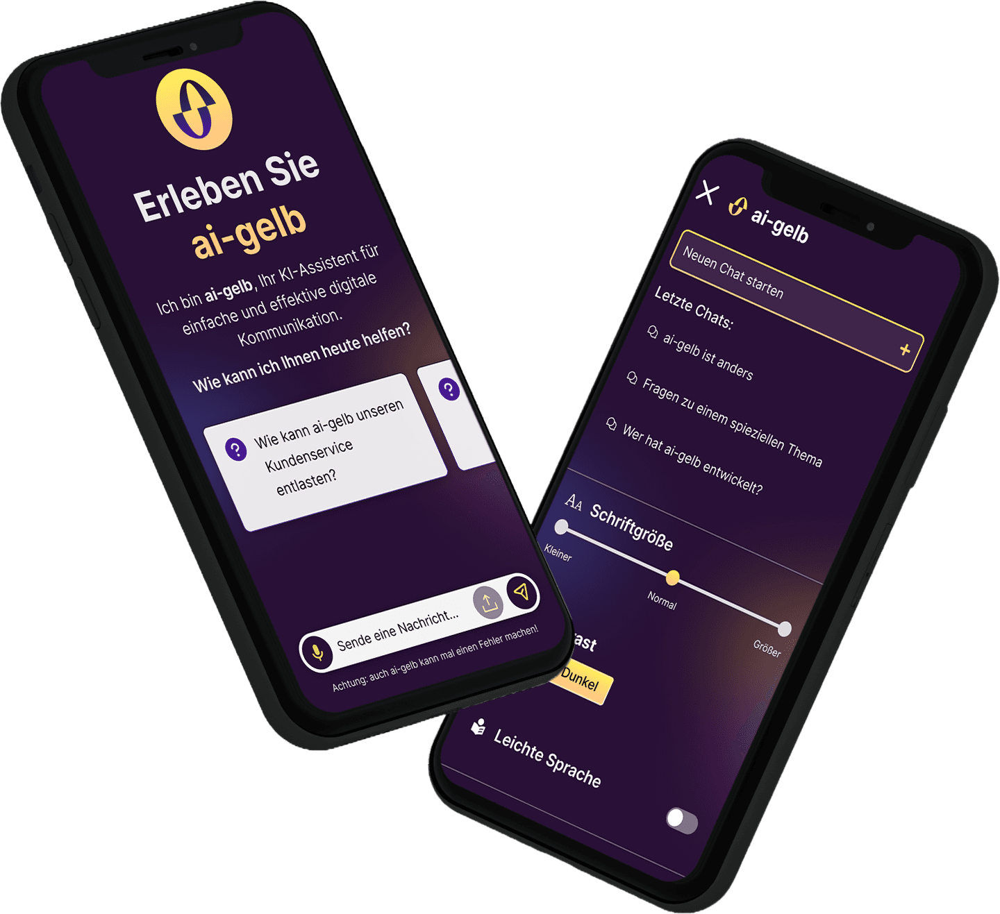 Zwei Mobiltelefone zeigen den Startbildschirm und die Einstellungen von ai-gelb