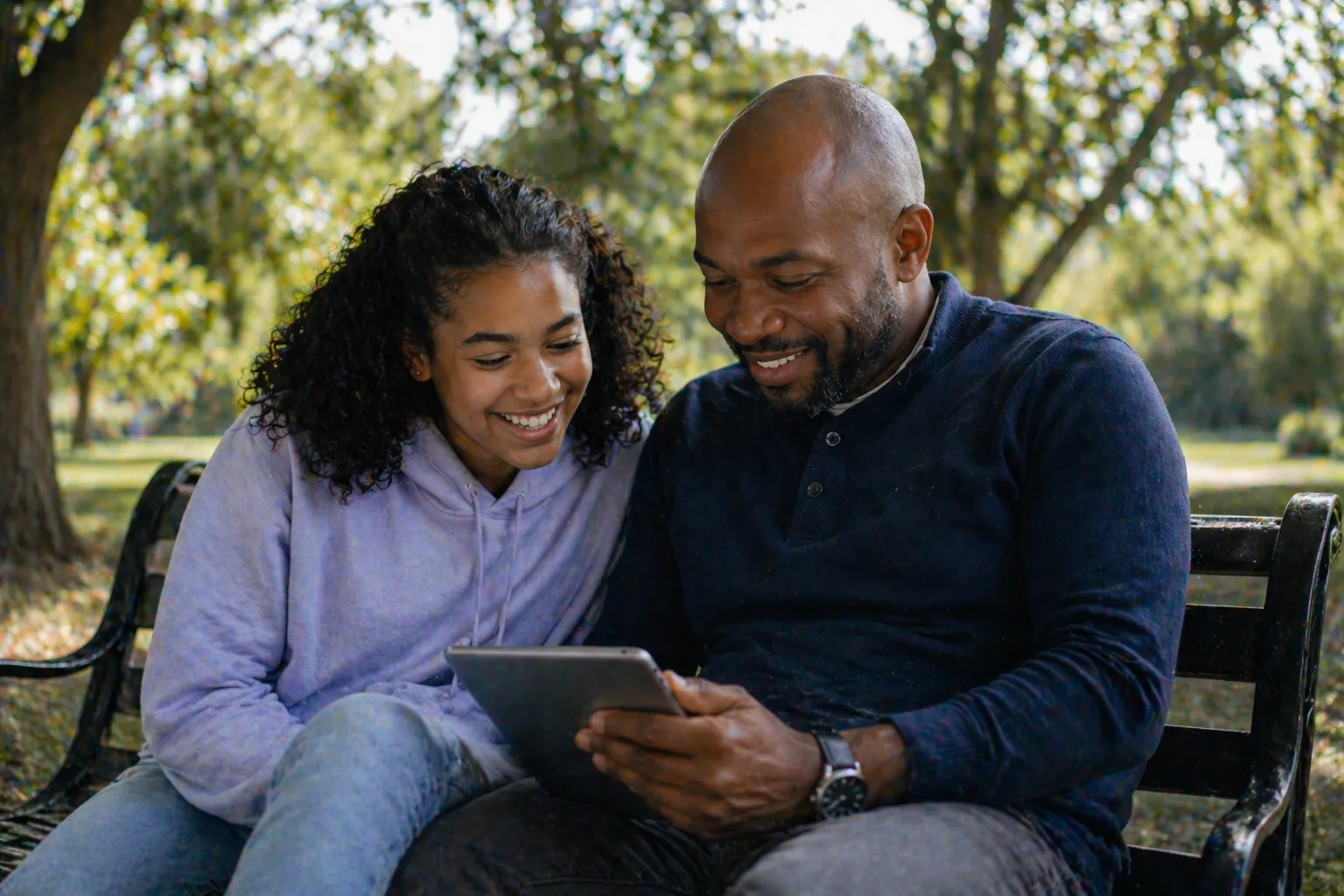 A smiling father and daughter are seated closely on a park bench, looking at a tablet together outdoors.
