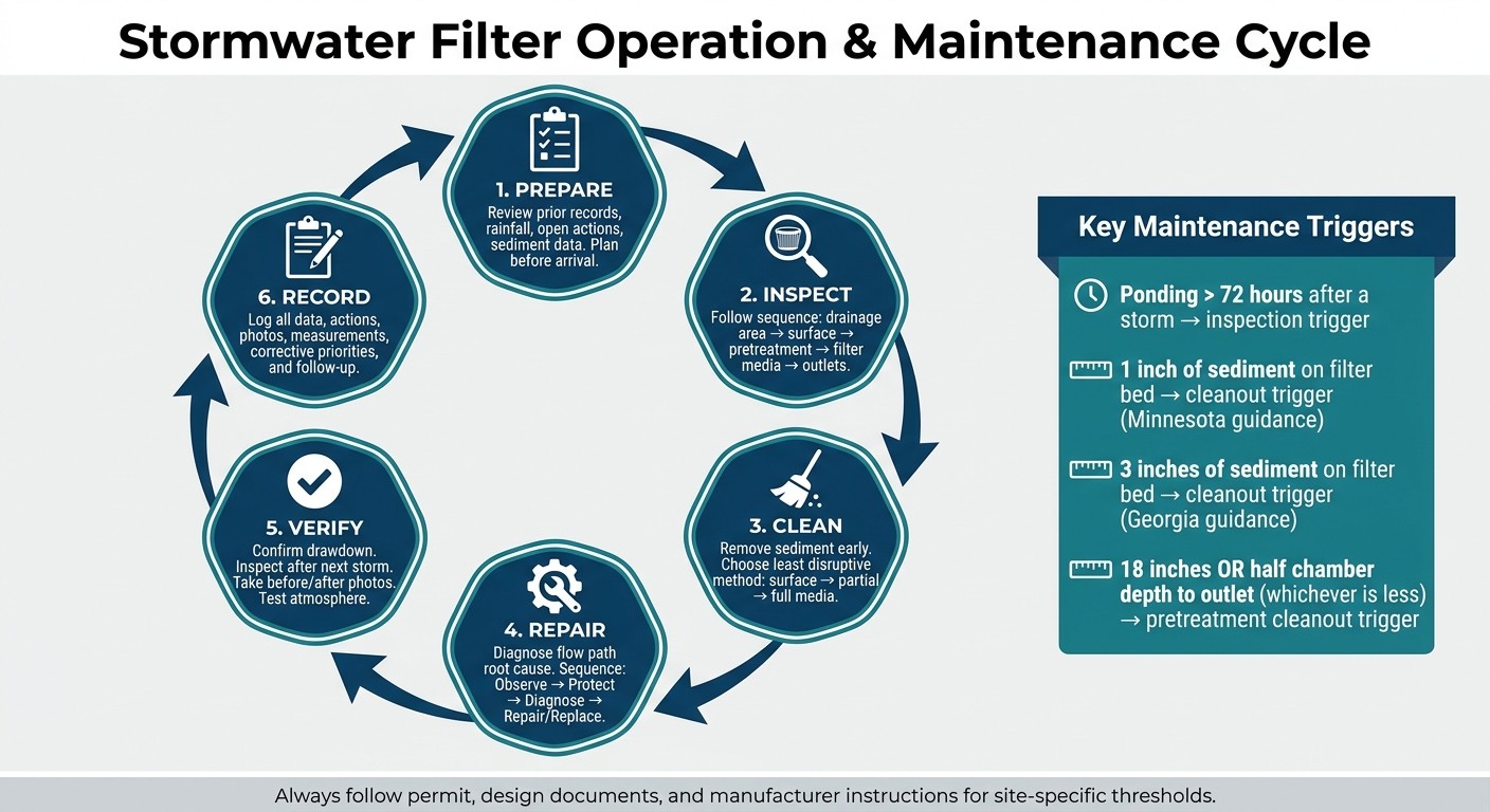 Stormwater Filter O&M Cycle: Inspect, Clean, Repair, Verify