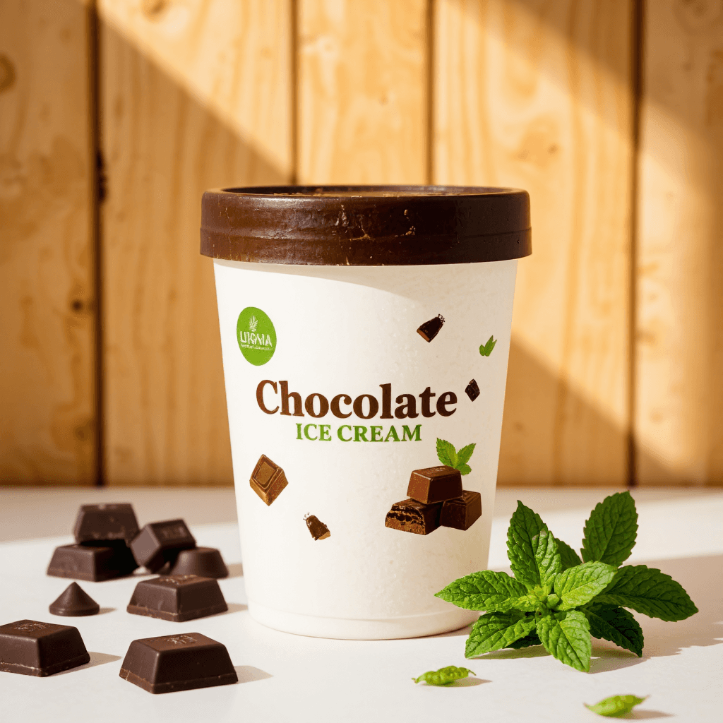 product photography of a container of organic chocolate ice cream