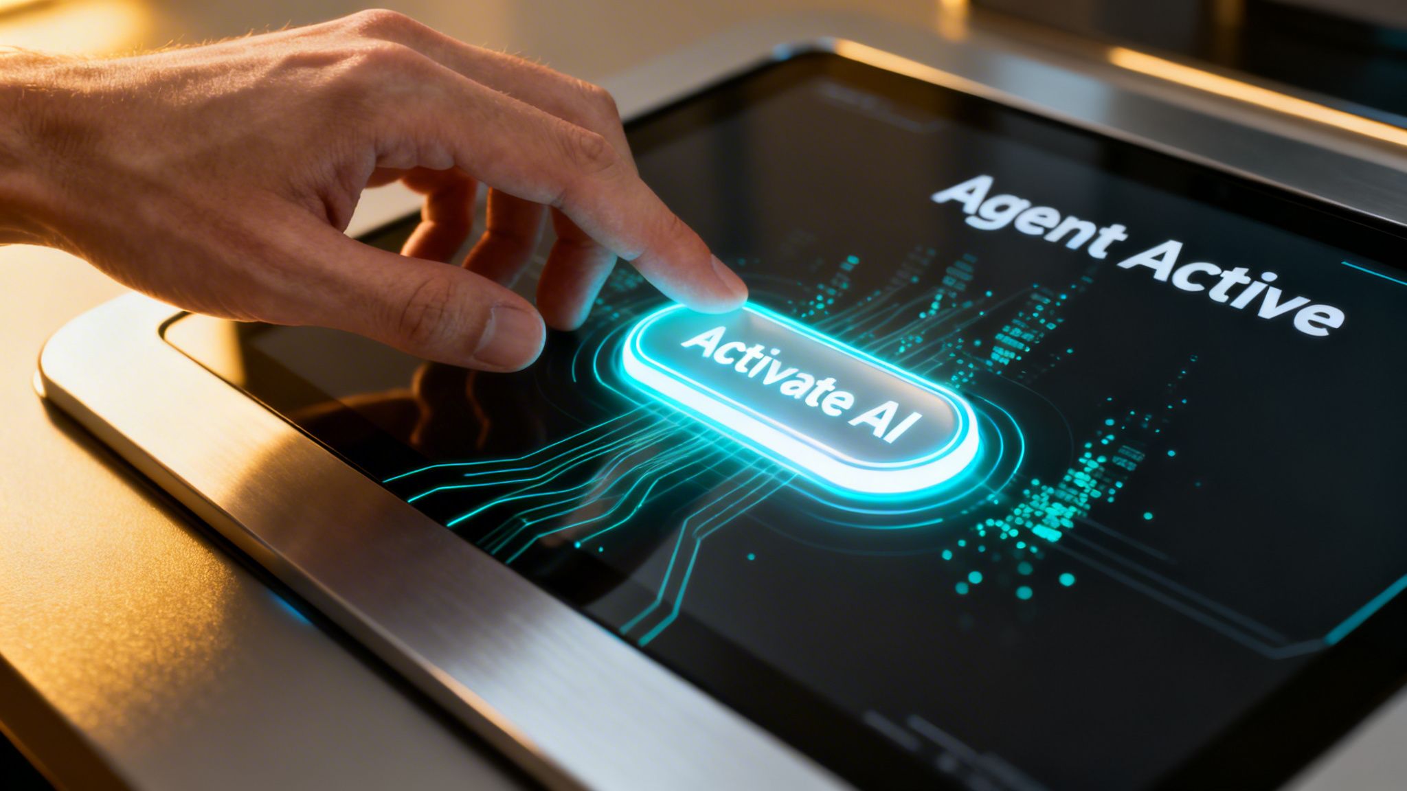 A human hand reaching out to touch an illuminated Activate AI button on a digital touchscreen display.