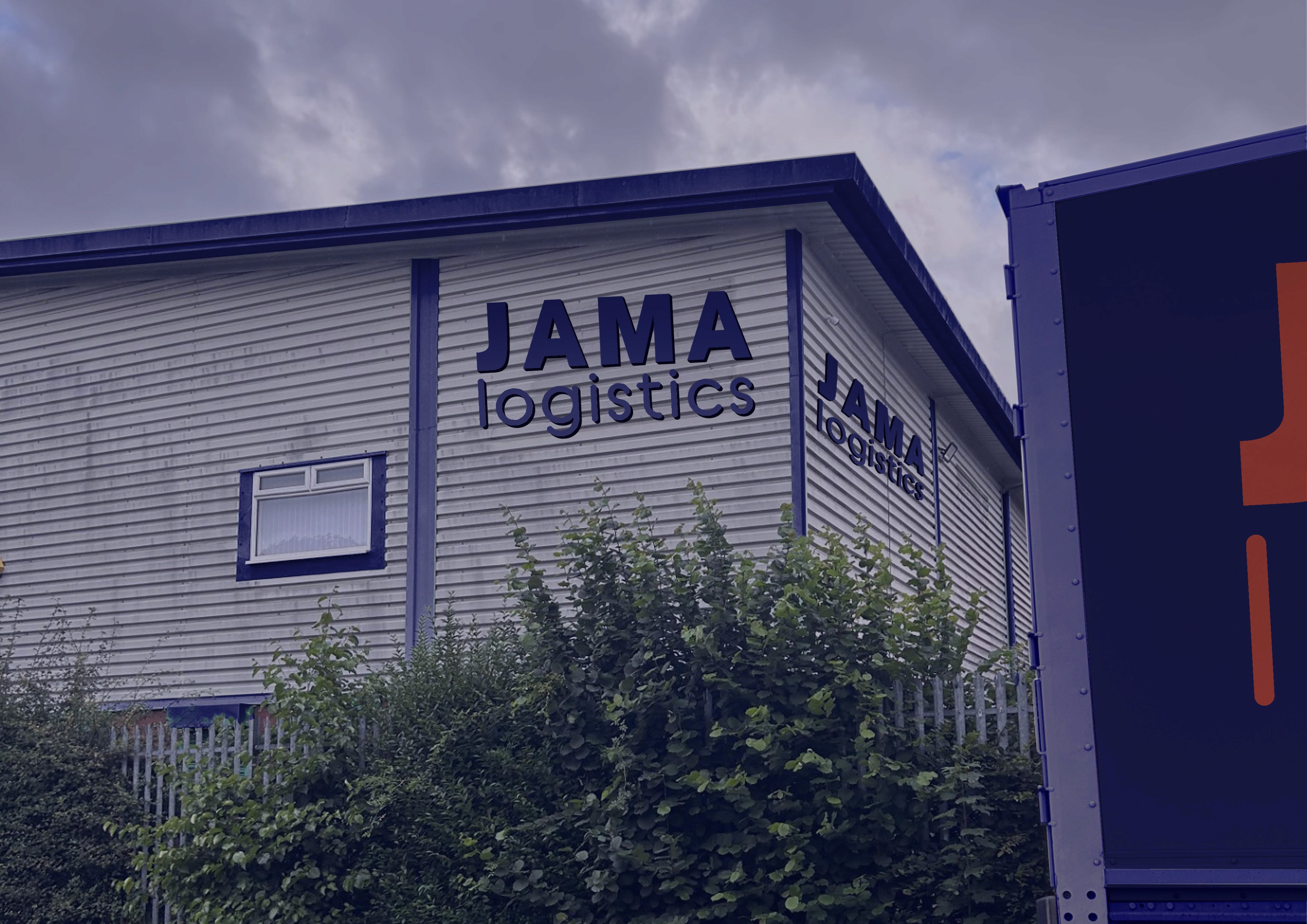 image of a warehouse with a sigh that says jama logistics on it with some bushes in front of the warehouse 