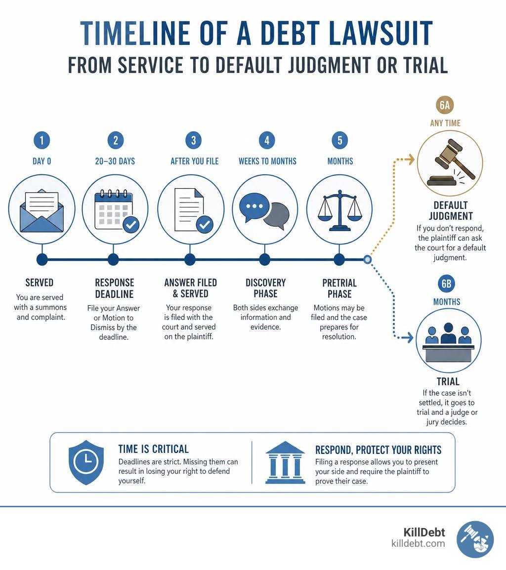 Timeline of a debt lawsuit from service to default judgment or trial infographic