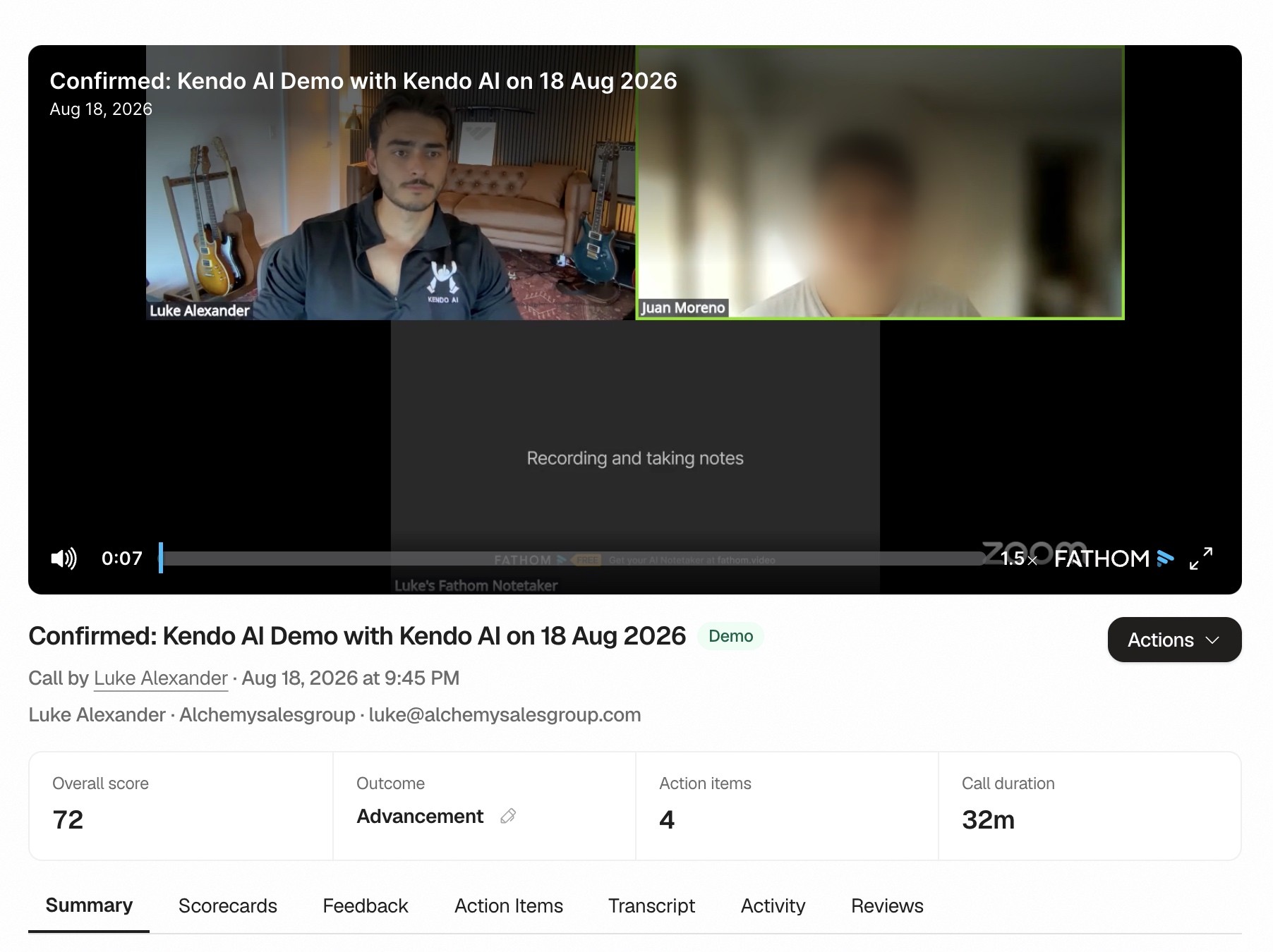 Kendo call analysis overview showing founder Luke Alexander, a privacy-blurred prospect, and the overall score