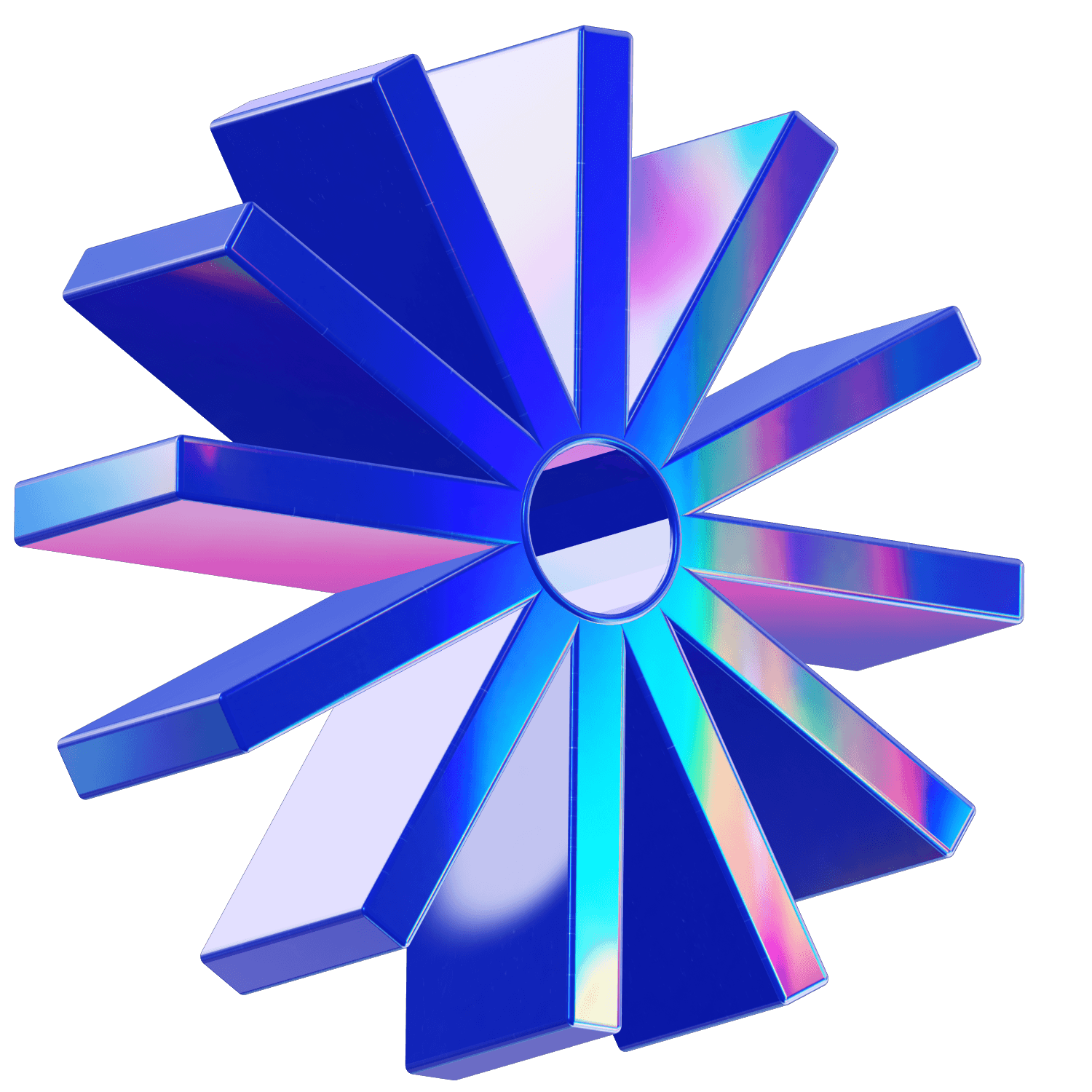 A modern, stylized graphic featuring a vibrant, star-like shape with blue and iridescent colors.