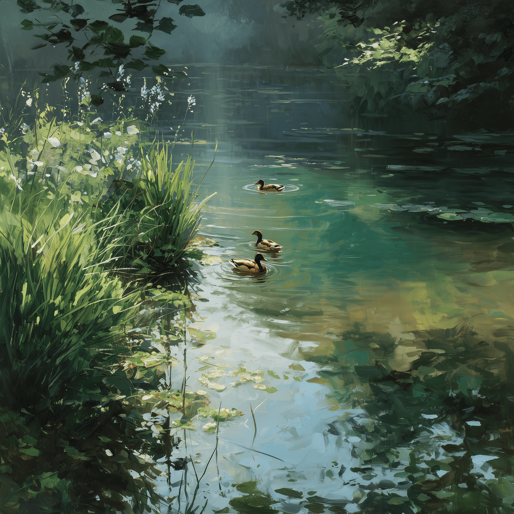 A serene painting of ducks gracefully swimming in a tranquil lake surrounded by lush greenery.