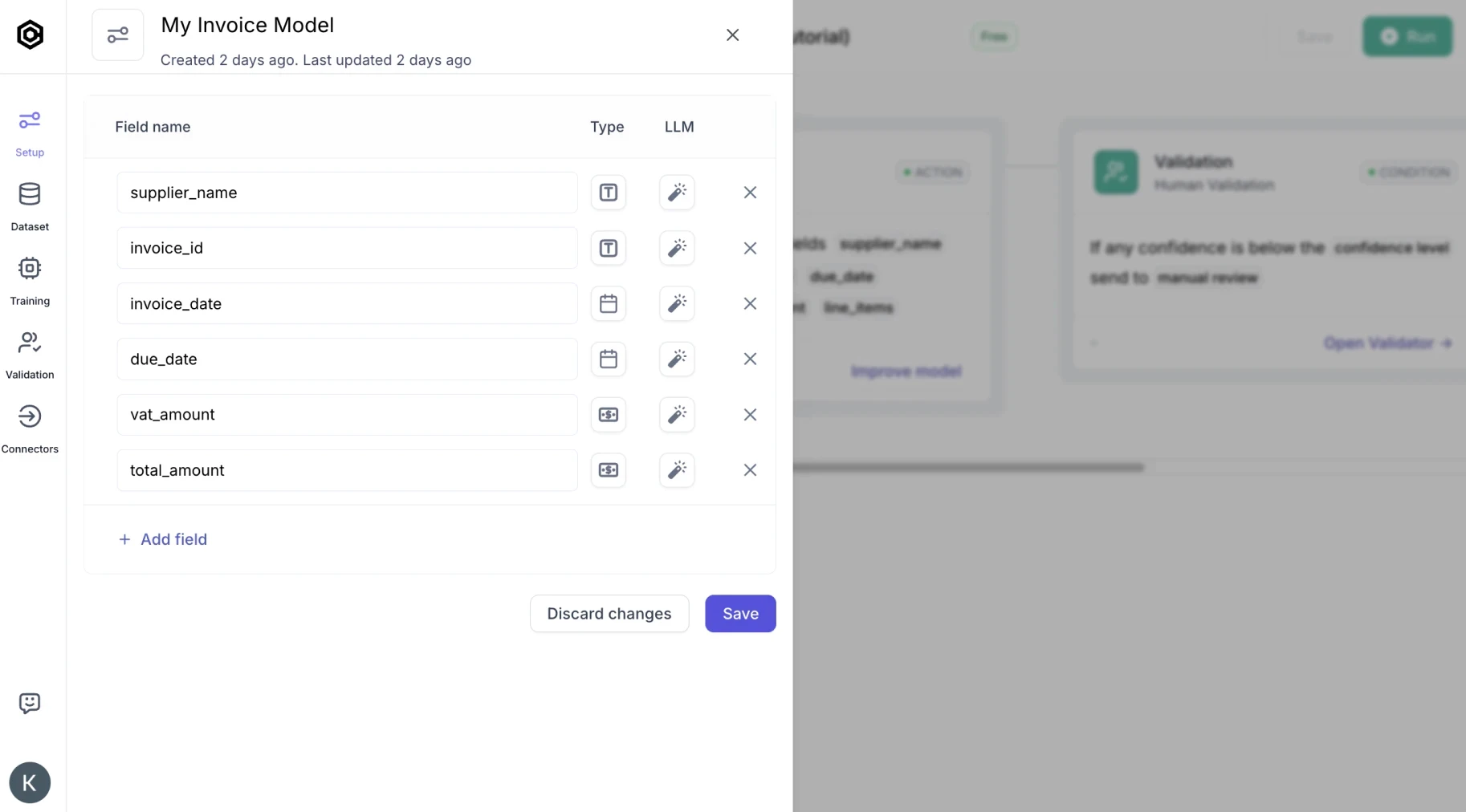 Screenshot of a typical AI model configuration interface in data extraction software