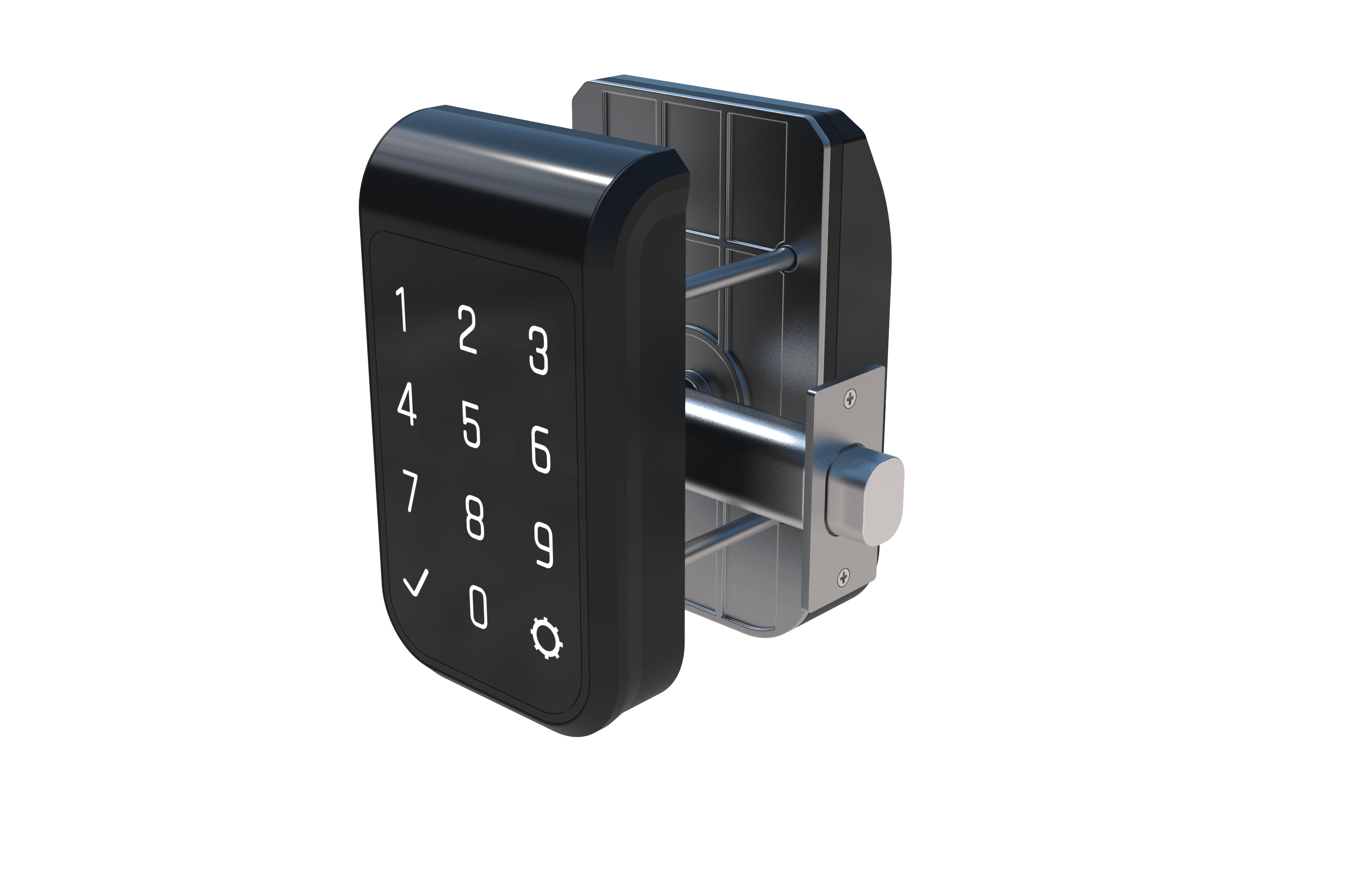 A view of an electronic deadbolt lock that shows the bolt and the insides.