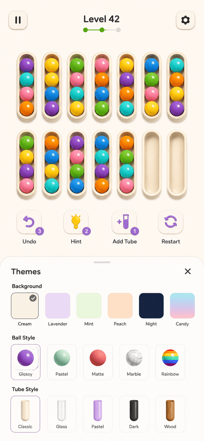 Rollo customization screen with background, ball, and tube style options