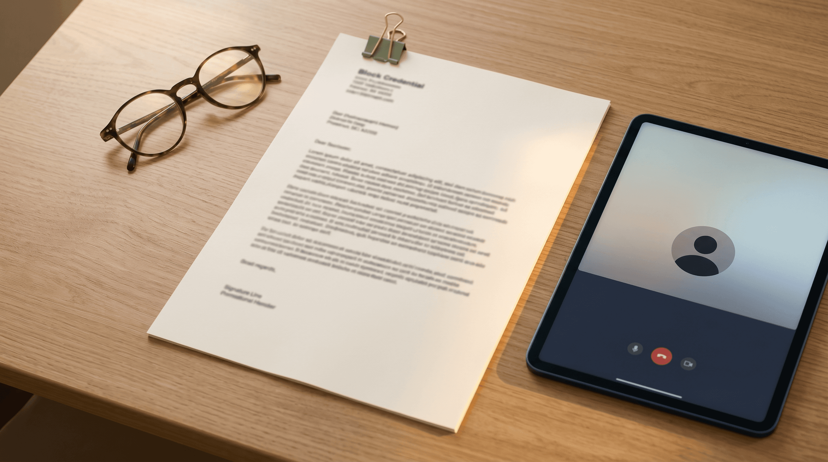 A formal accommodation letter document on a wooden desk beside a tablet and reading glasses, lit by warm natural light