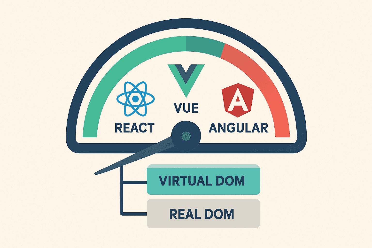 A stylized speed gauge or rocket launch panel comparing three engines labeled React, Vue, and Angular
