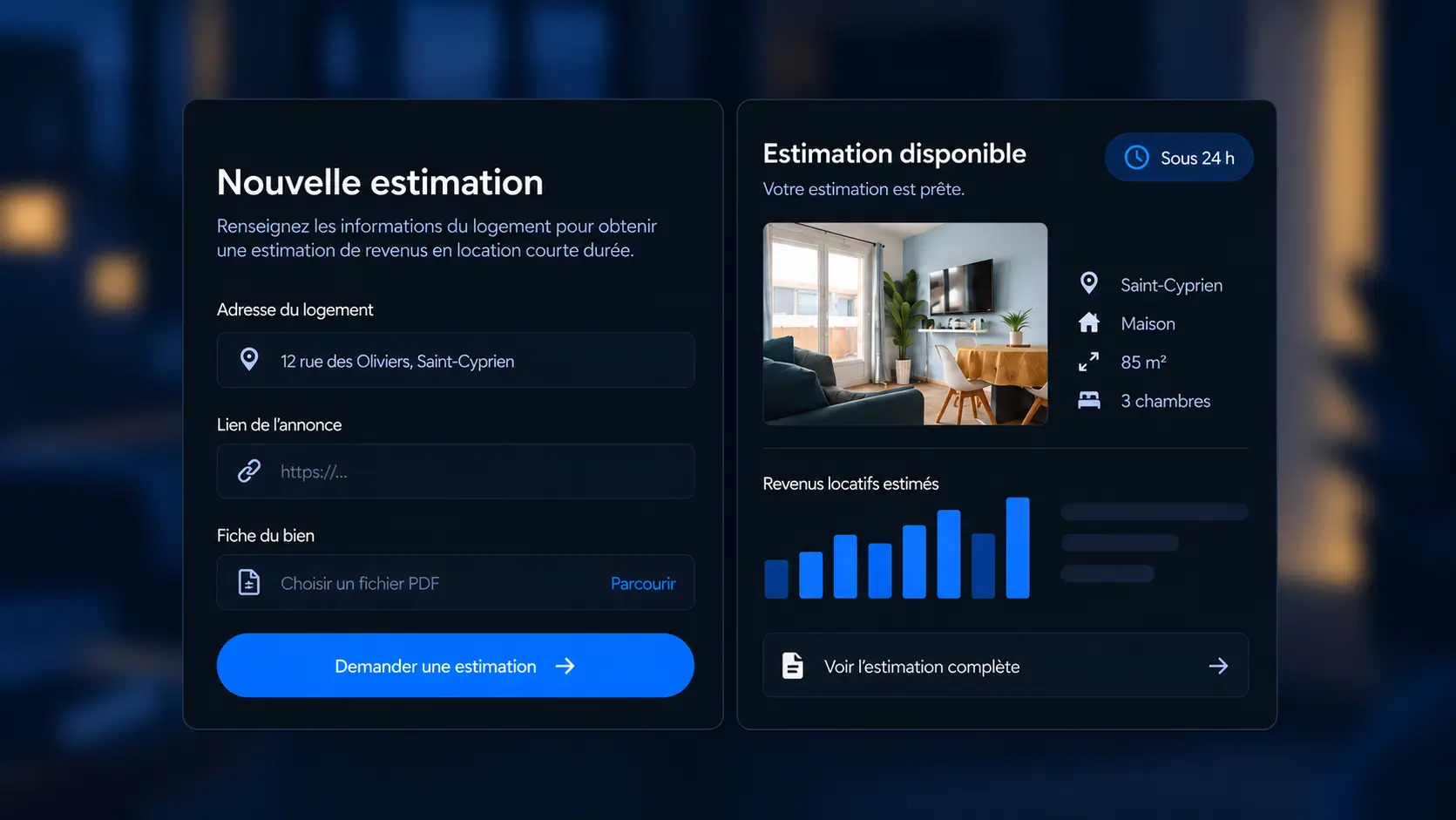 Interface QUBE's permettant de demander une estimation des revenus locatifs d'un logement et de consulter le résultat dans son espace partenaire.