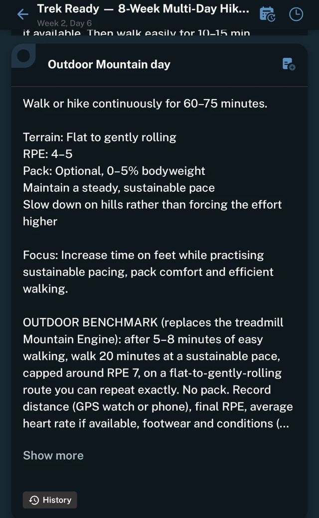 Outdoor Mountain Day: Terrain, effort (RPE) and pack guidance for the day on the hill.