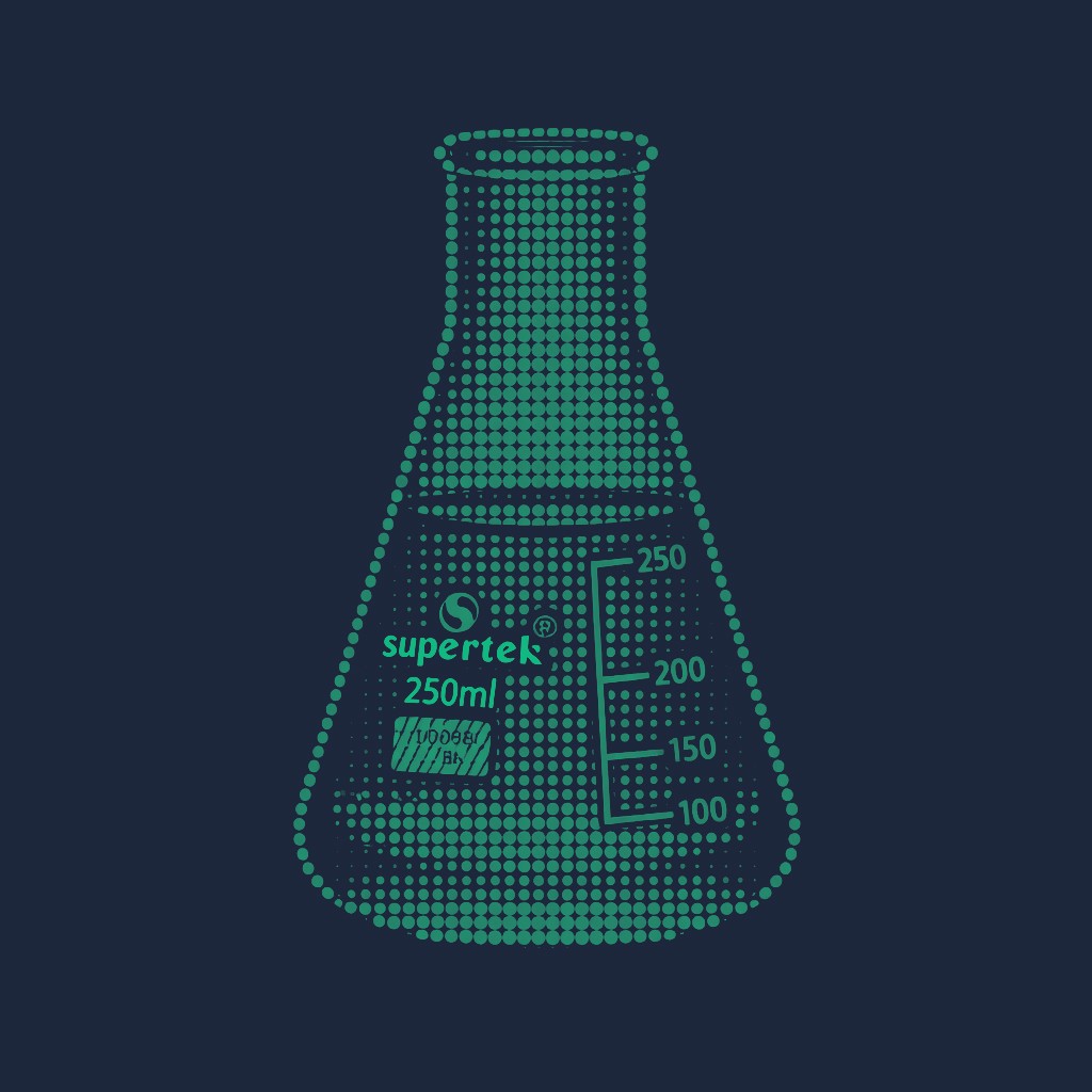 Halftone illustration of a 250ml laboratory beaker against a dark background, representing golf data analysis.