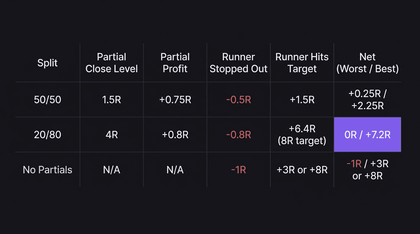 Spreadsheet table showing break-even math for 50/50 and 20/80 partial profit splits