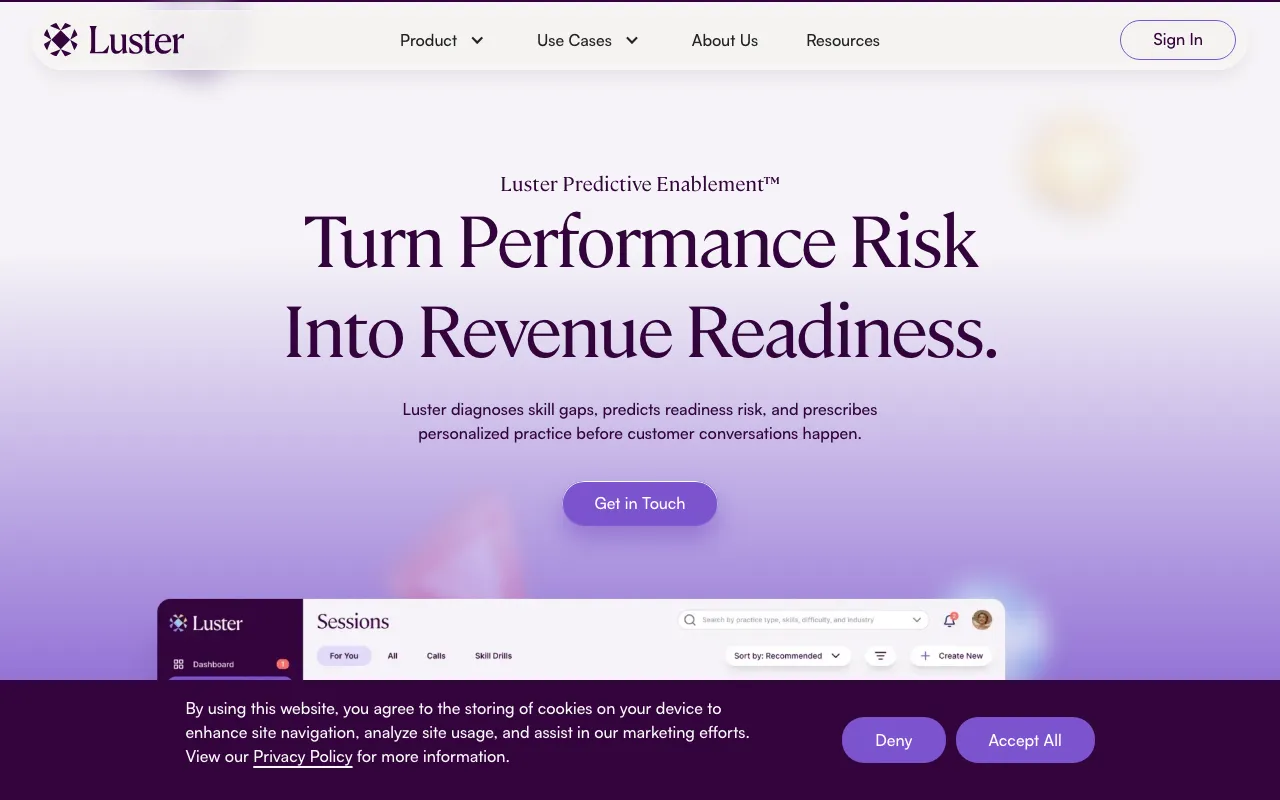 Luster homepage, predictive sales enablement and roleplay