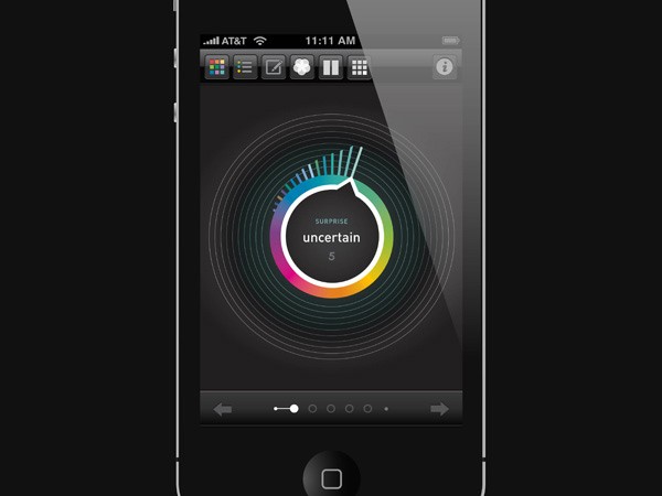 A black iPhone displays the music player interface. The screen shows a circular progress bar with a multicolored gradient at its center, labeled “surprise uncertain 5”. The top of the screen shows the carrier (AT&T), time (11:11 AM), and battery indicator. The phone’s navigation buttons (back, home, and menu) are visible at the bottom. The background is black.