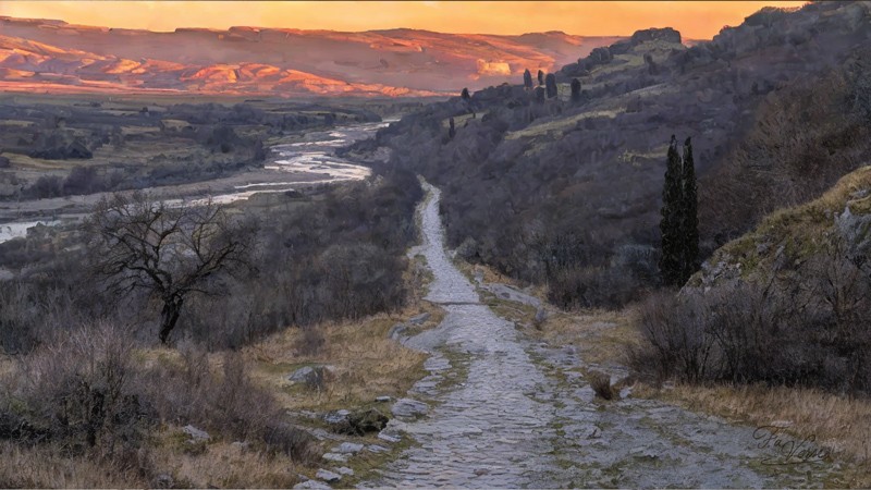 Sacred artwork by Faith and Verse. © Faith and Verse, 2026. All rights reserved. Via Flaminia landscape north of Rome, ancient Roman road where Saint Valentine was martyred and buried, c. 269 AD.