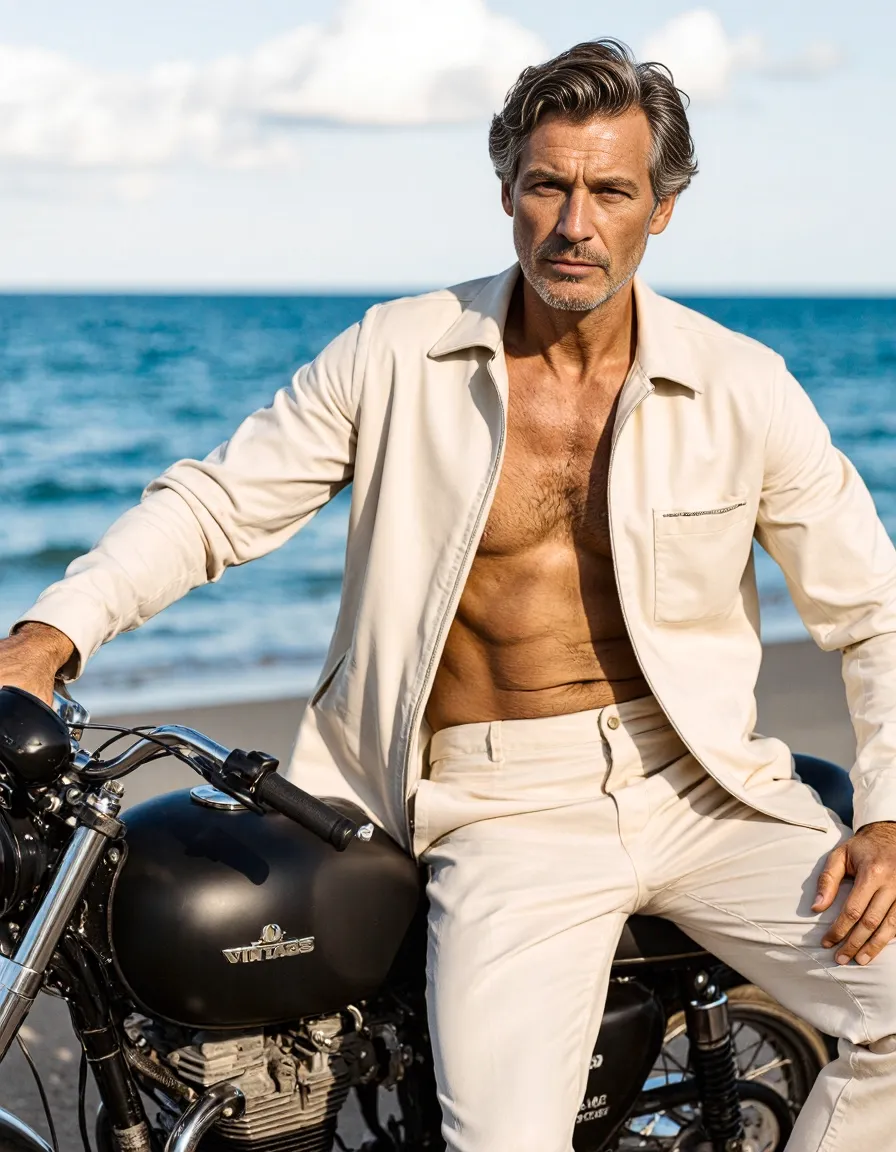 Stylish coastal fashion scene featuring cream linen outfit and vintage motorcycle against blue ocean backdrop with warm lighting