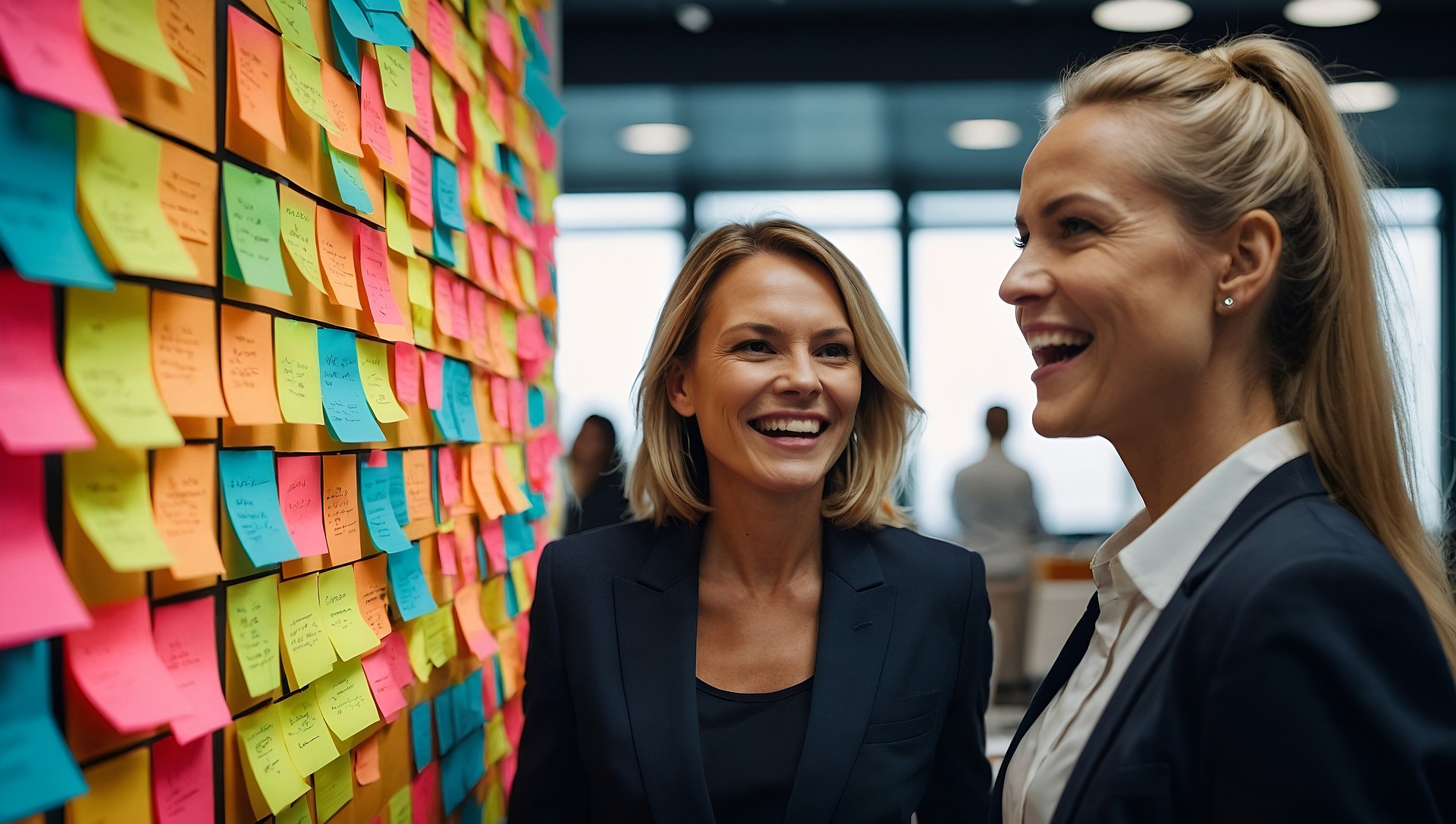 Two women viewing a set of Post-its, depicting viewing their org with systems thinking