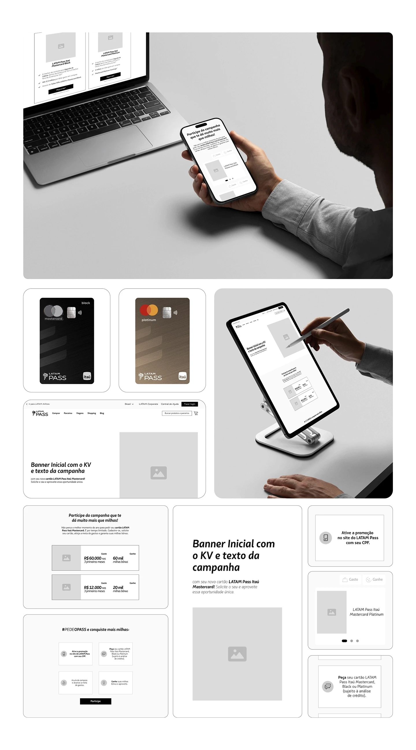 Responsive wireframes and UI mockups for LATAM Pass landing pages and digital ads, optimized for engagement across mobile, tablet, and desktop.