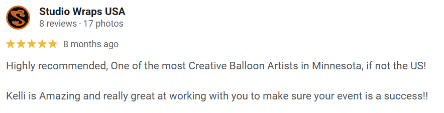 5-star review for Studio Wraps USA highlighting their creative balloon artistry in Minnesota, emphasizing their exceptional service in ensuring successful events.