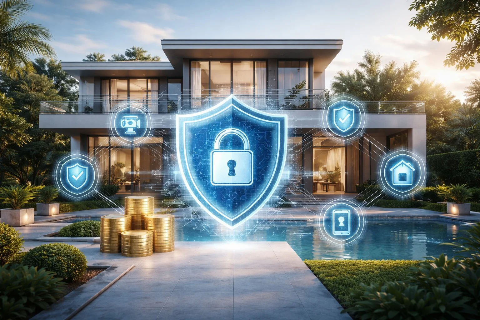 Modern property protected by a unified security system, symbolizing long-term safety and wealth preservation in a clean, professional setting.