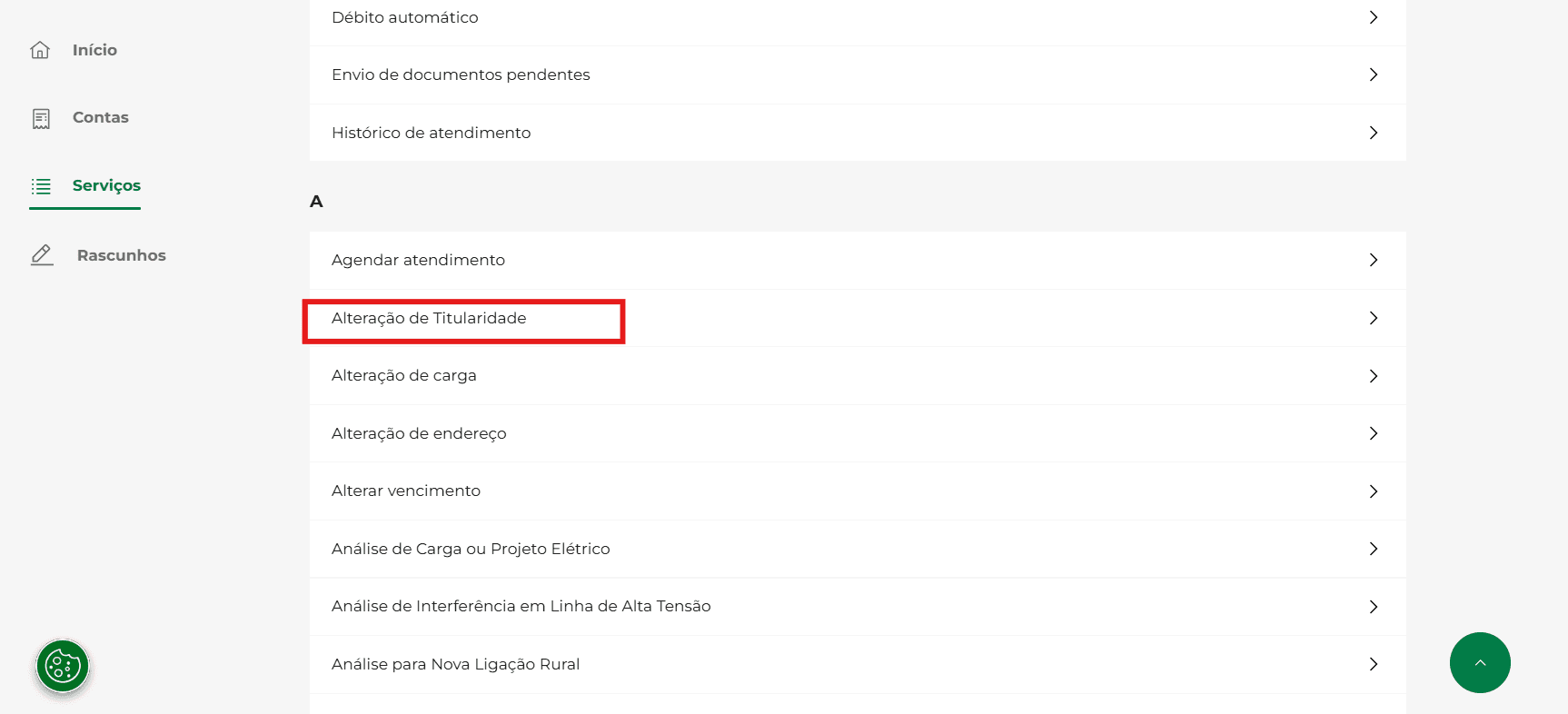 Lista de serviços no portal Cemig Atende