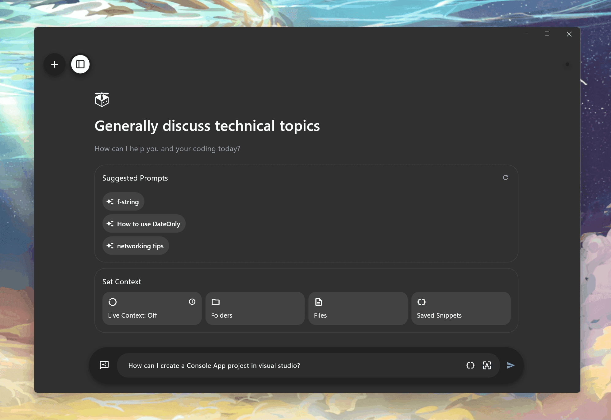 Pieces for Developers desktop application showing "How can I create a Console App project in Visual studio?