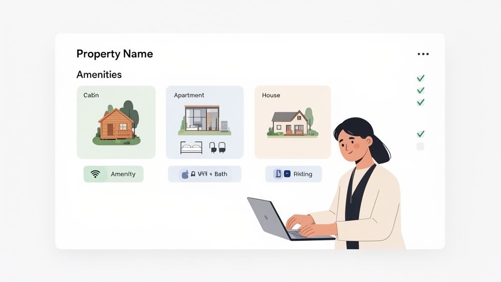 Illustration of a woman using a laptop with a digital property selection checklist and amenities.