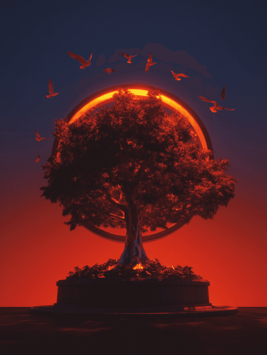 A stunning glowing tree with birds in flight against a backdrop of intense colors and surreal lighting.
