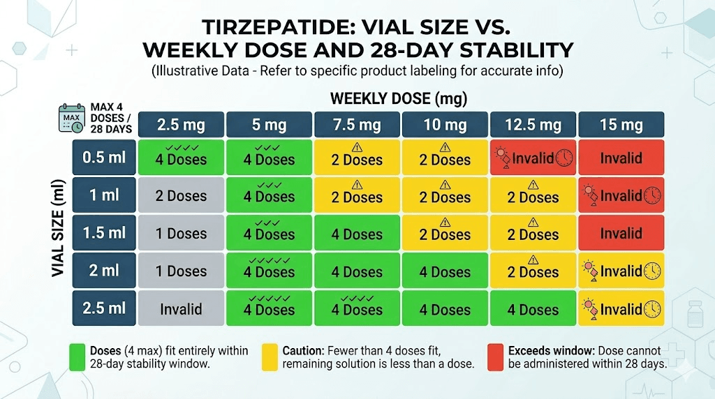 Tirzepatide vial size and dose compatibility with 28-day stability window