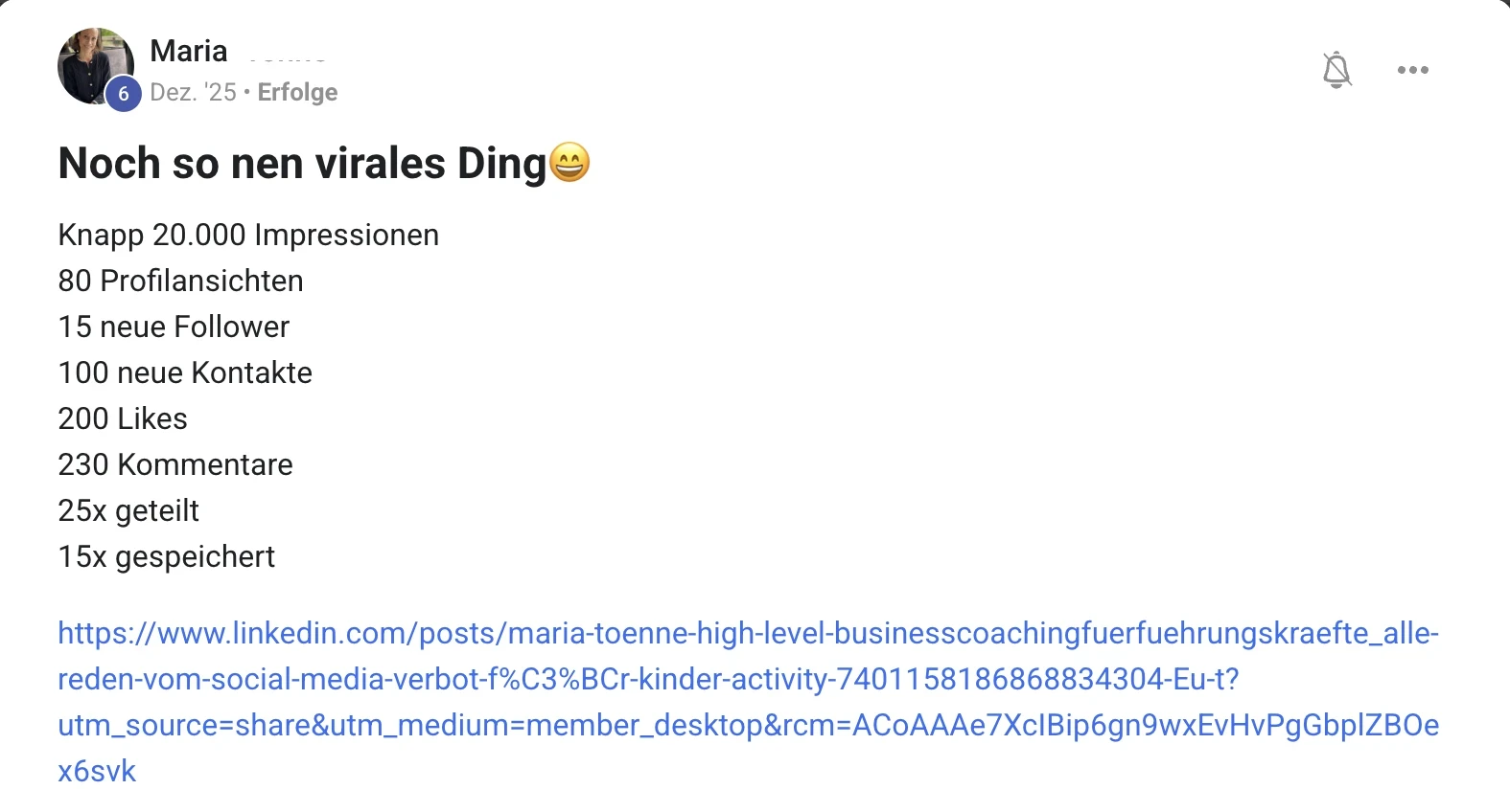 Mitglied der KI Creator Akademie: Businesscoachin Maria mit viralem LinkedIn-Post über 20.000 Impressionen