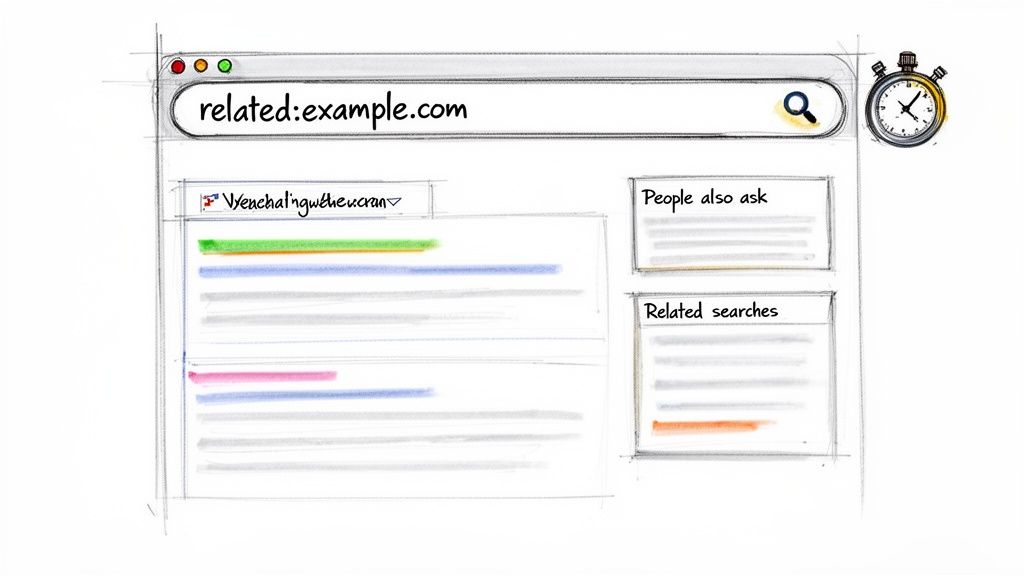 Hand-drawn sketch of a web browser with 'related:example.com' search query, stopwatch, and search results.