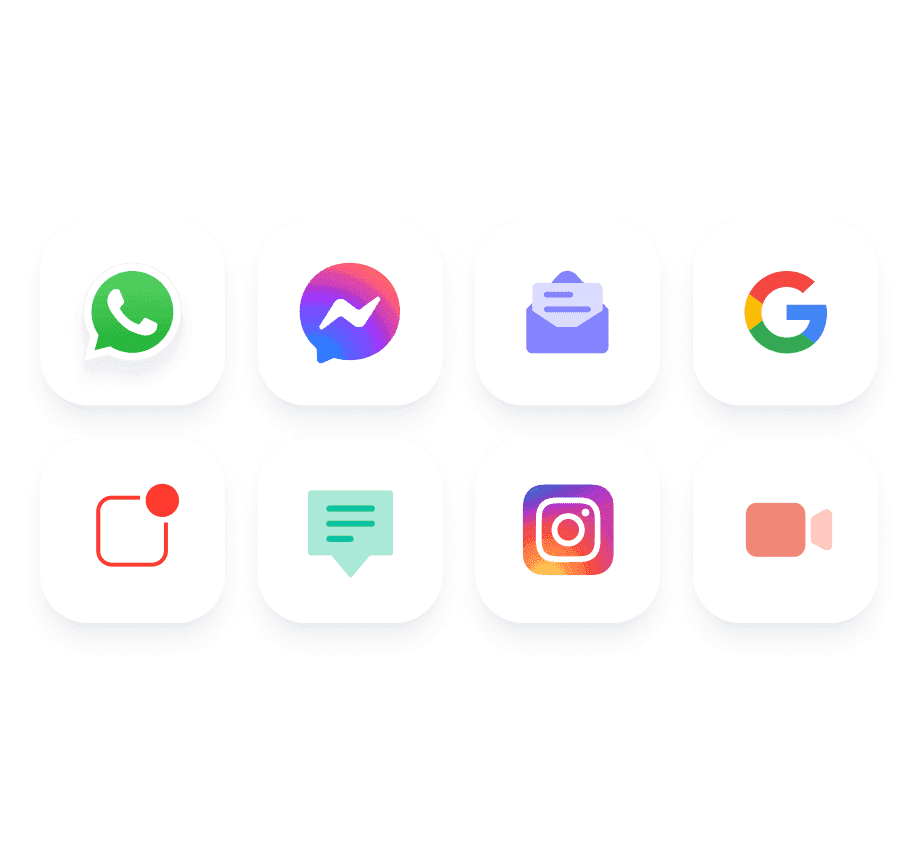 Grid of communication app icons, including WhatsApp, Facebook Messenger, email, Google, Instagram, and a video call icon.