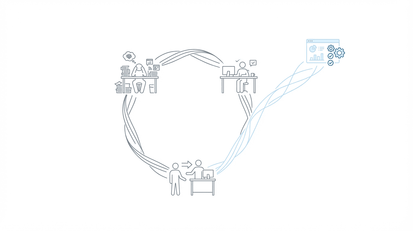 Circular bootstrap hiring cycle showing overwork leading to hiring then back to overwork, with an exit path branching toward systems-driven operations