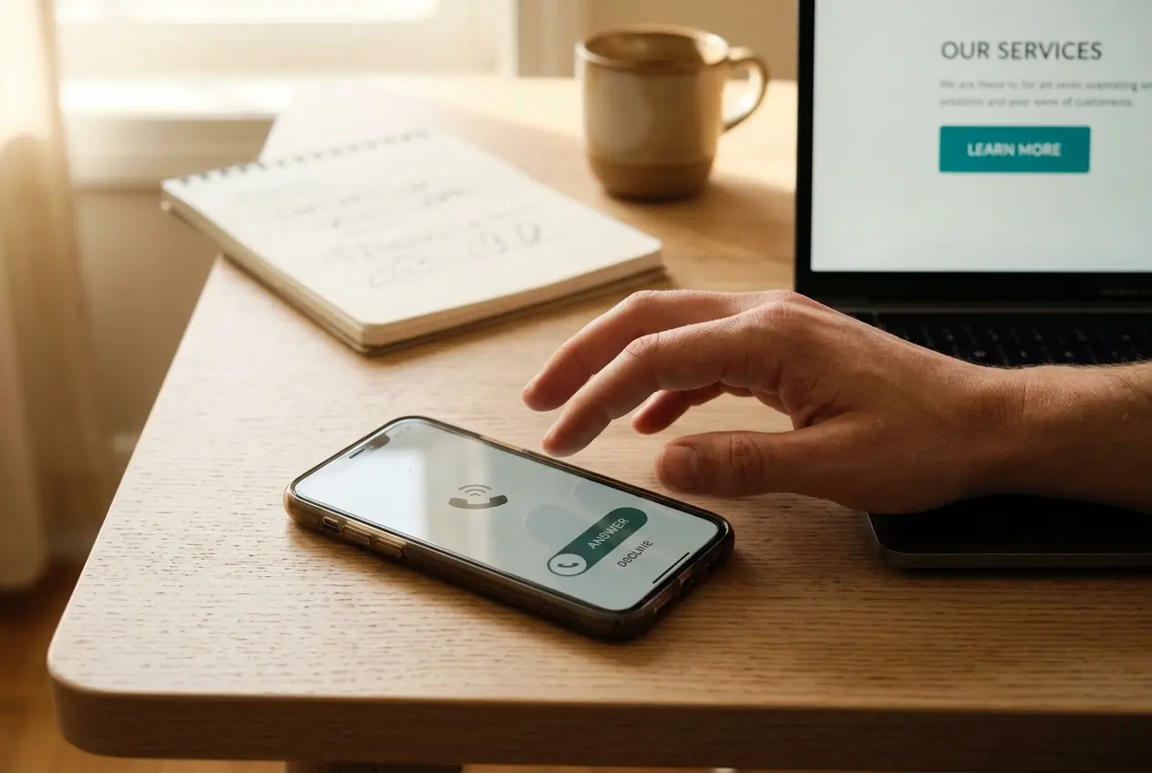 A hand reaches for a smartphone displaying a loading screen, while a laptop showing a "Our Services" page and a notepad rest on a wooden desk, conveying a sense of productivity and connectivity in Bradenton, FL.