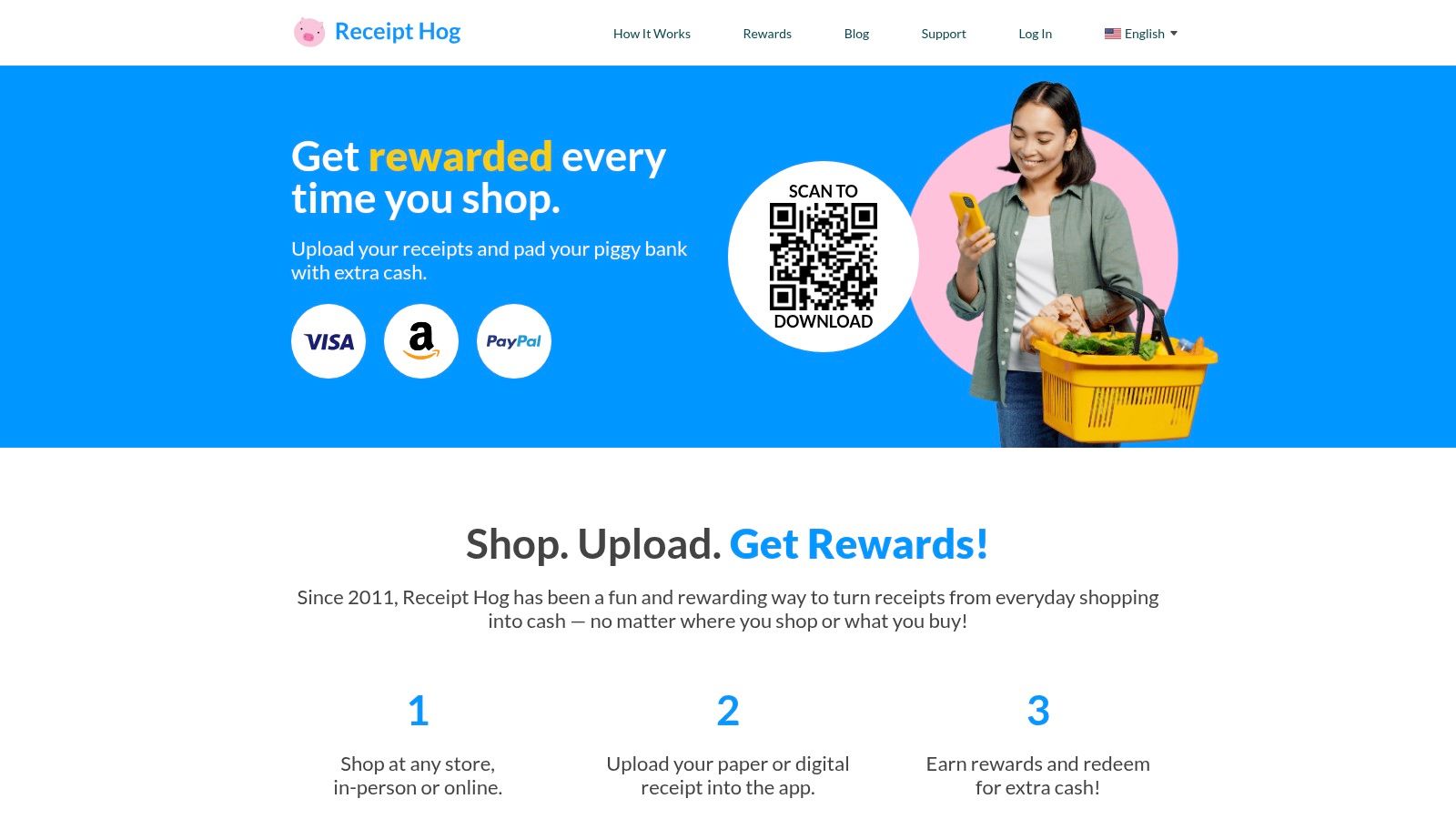 Receipt Hog app interface showing coin balance and receipt upload options