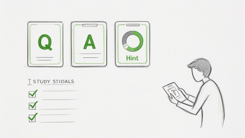 Illustration of a person viewing a tablet with Q, A, Hint cards and a study checklist.