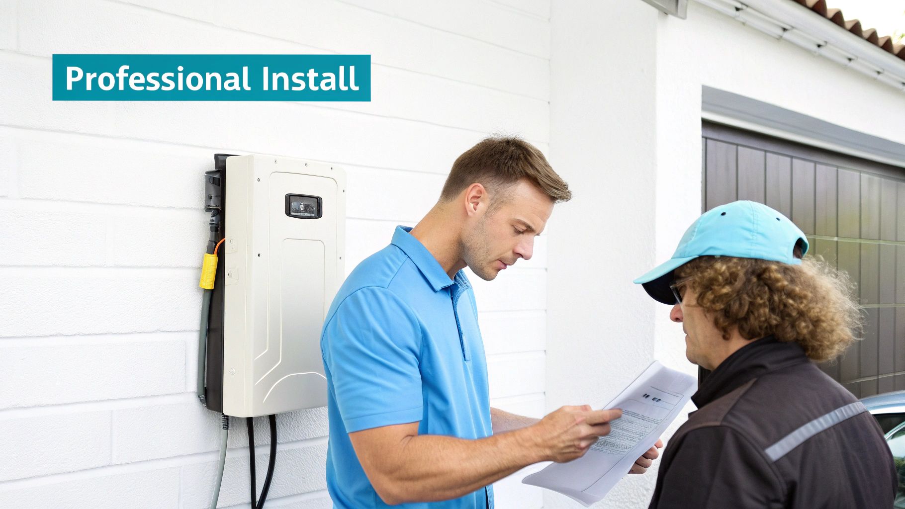 a electrician in a blue shirt instaling a home battery