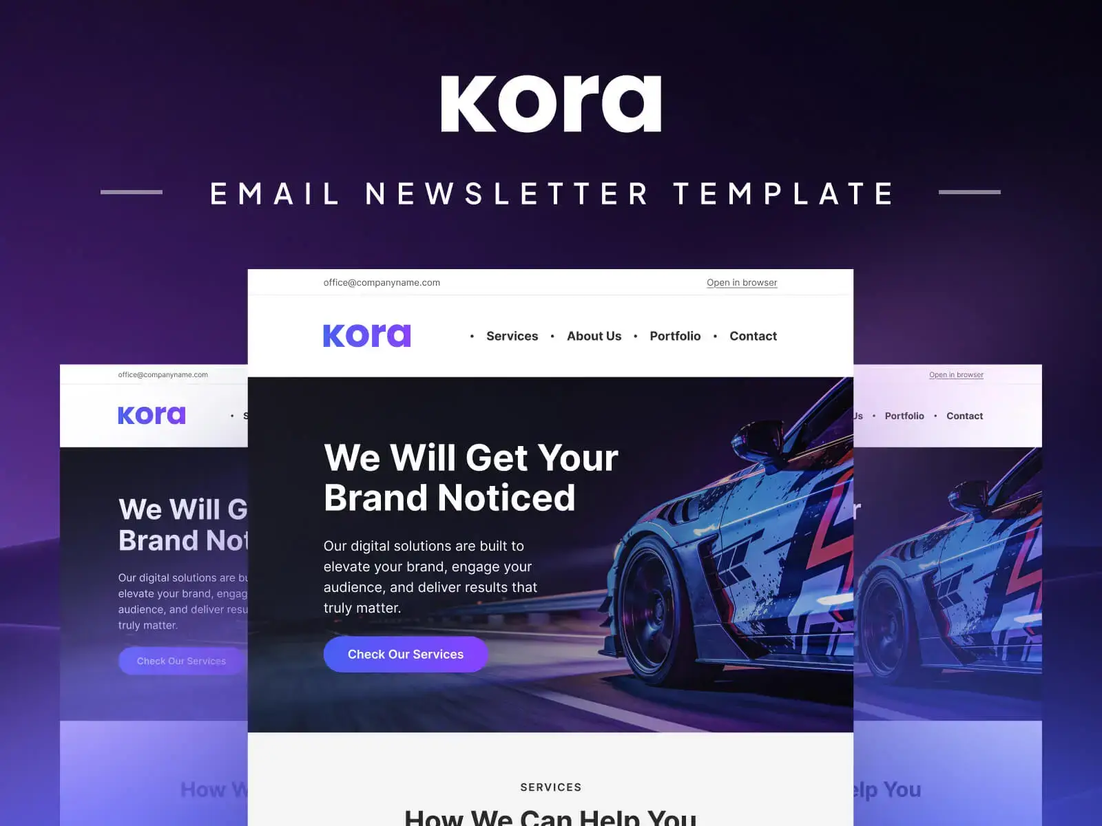 Kora logo on purple background with email newsletter template preview showing hero section