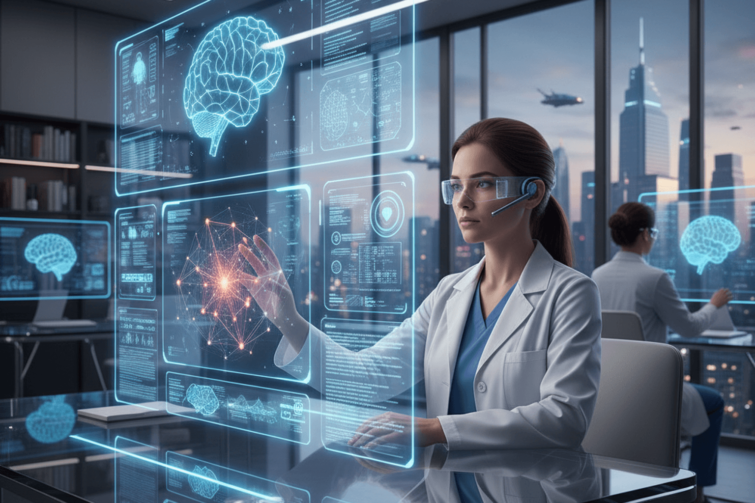 A healthcare professional using advanced IoT-powered digital interfaces to monitor patient data in real time, illustrating how IoT is transforming healthcare through remote patient monitoring.