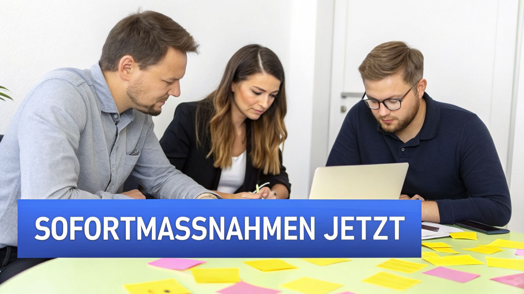 Drei Personen am Tisch besprechen Sofortmaßnahmen und arbeiten konzentriert mit Laptop und Notizen.