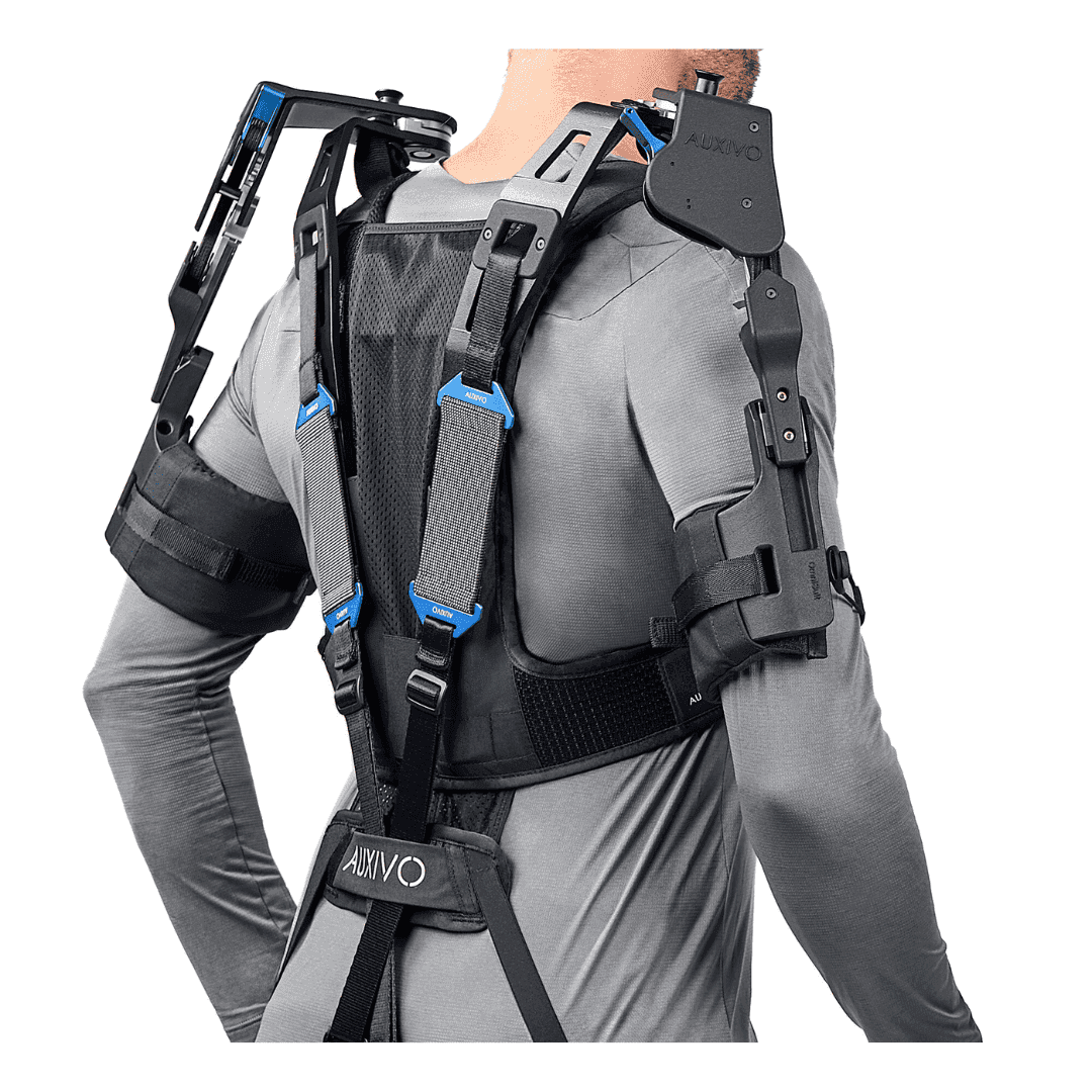 OmniSuit exoskeleton in action, designed to provide support for the shoulders and back in industrial environments.