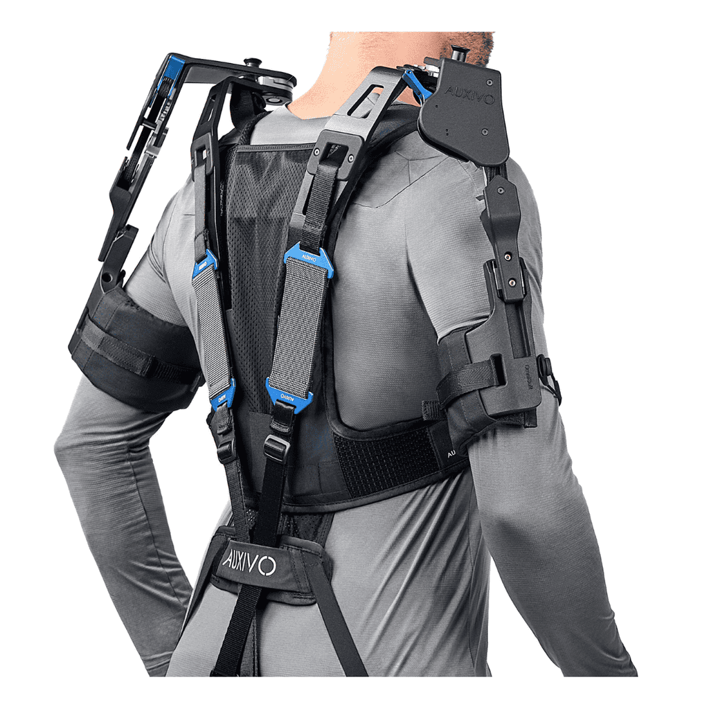 Person wearing the OmniSuit exoskeleton, providing shoulder and back support for lifting tasks and working at heights.