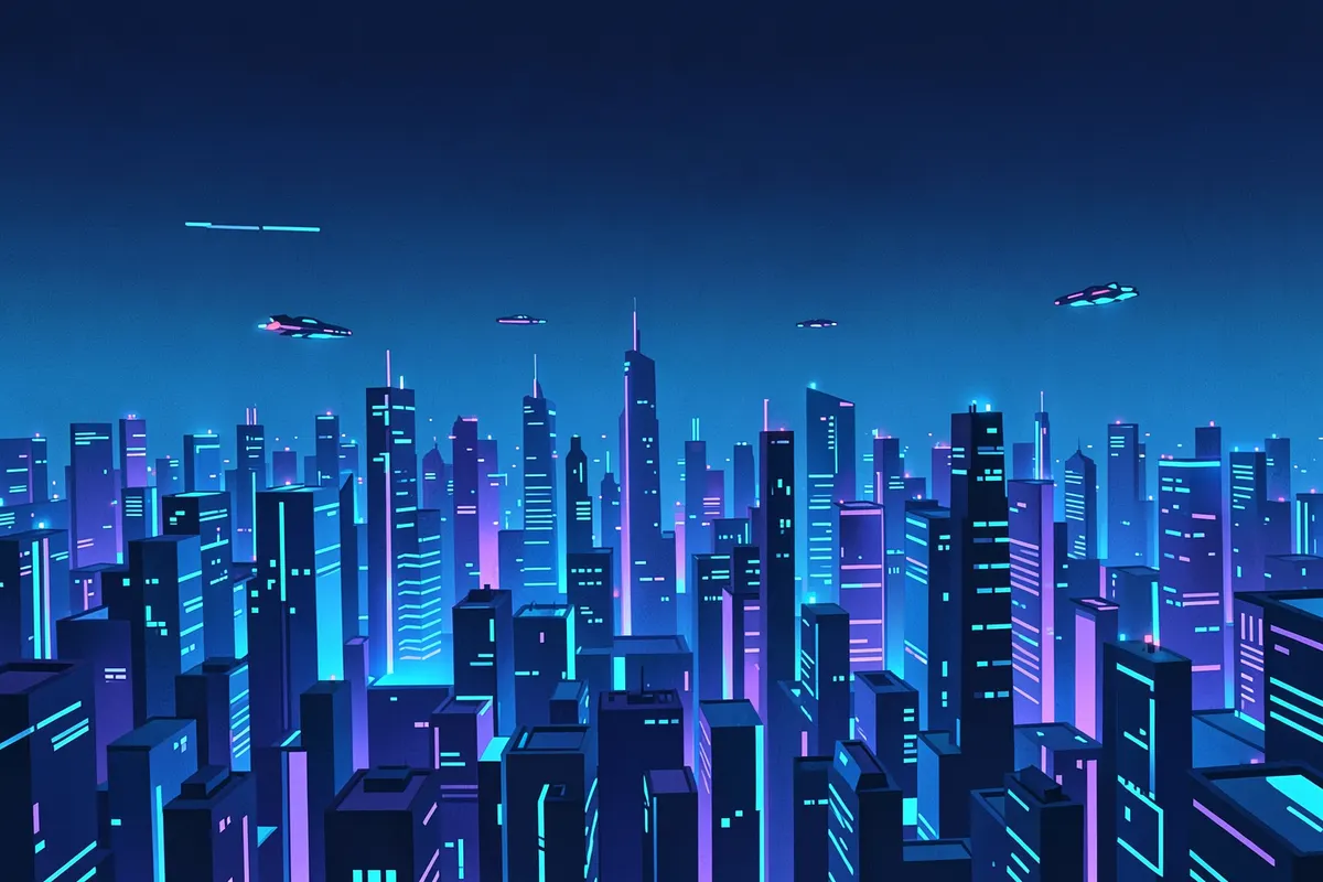 A futuristic cityscape with glowing lights and advanced technology.