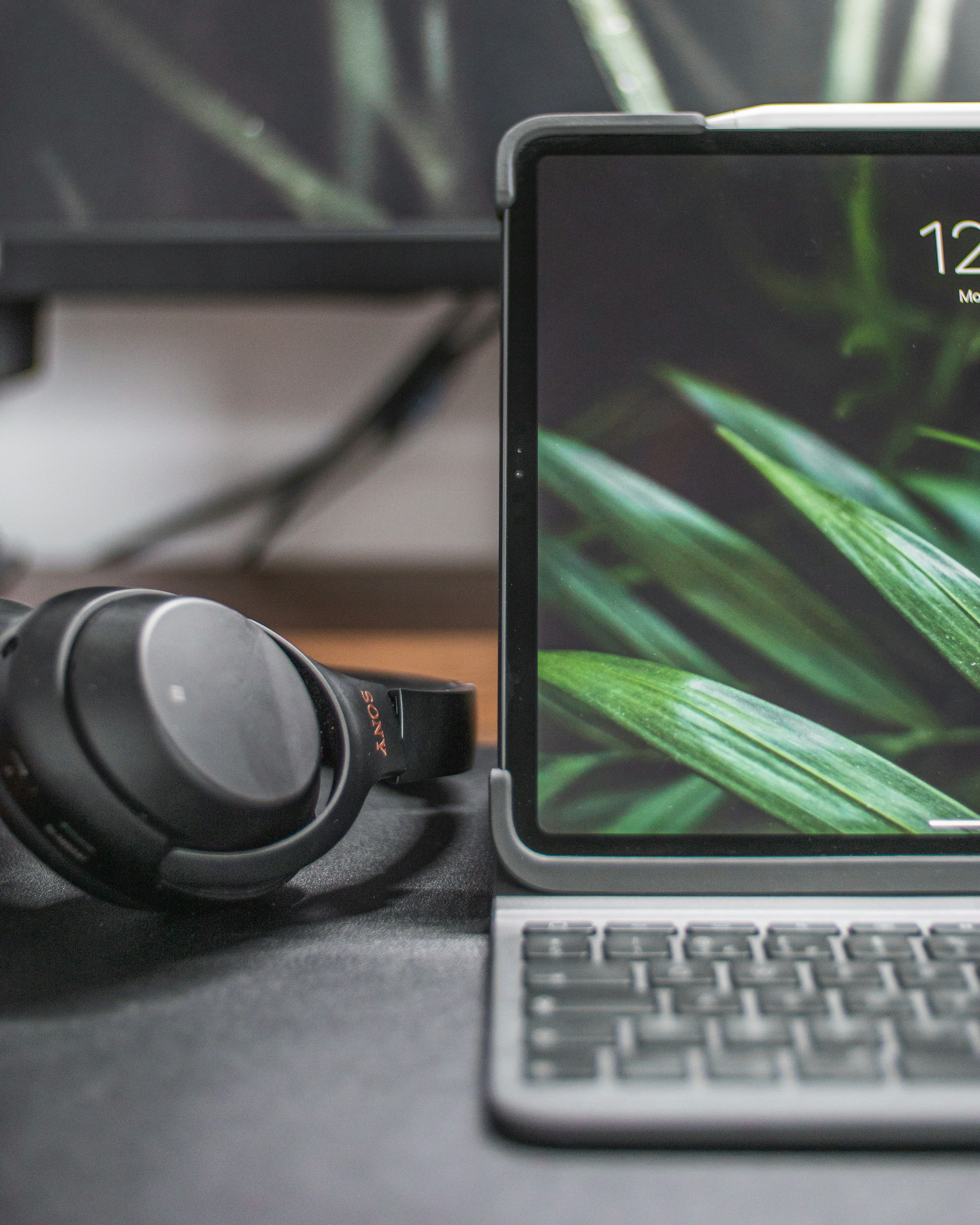 Close up of a laptop and headphones together. The laptop has green leafs as the wallpaper.